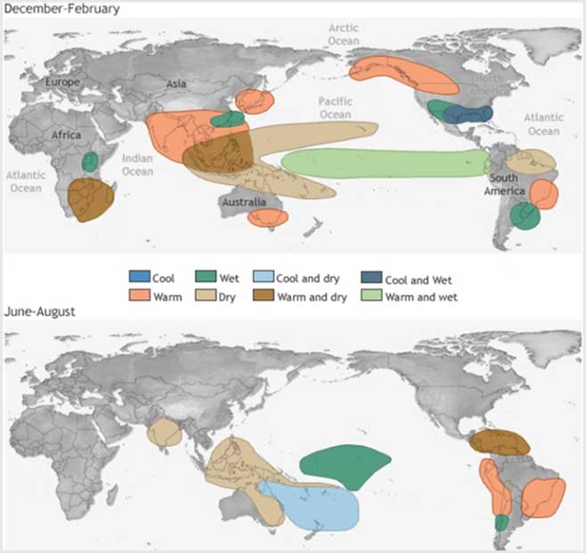 4. ábra Átlagos El Niño hatásai régiónként. Forrás: WMO
